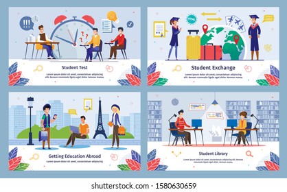 Students Exchange, Education Abroad, College Test, College, University Library Trendy Flat Vector Banner, Poster Templates Set. Female, Male Student Studying Taking Exams, Traveling World Illustration