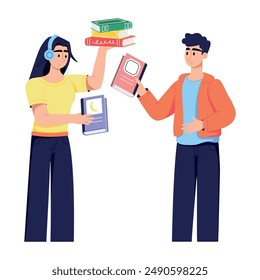 Students exchanging books with each other, flat illustration