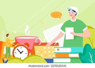 Students are exchanging learning experience, with books and stationery in the background, vector illustration