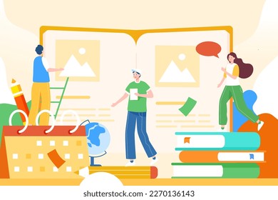 Students are exchanging learning experience, with books and stationery in the background, vector illustration