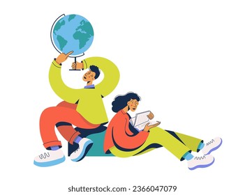 Students exploring Earth globe, boy and girl learning geography. Geography class. Education concept