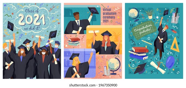 Students in face mask celebrate their graduation day. Students get their university degree certificate online by video call. Virtual graduate ceremony concept vector illustration