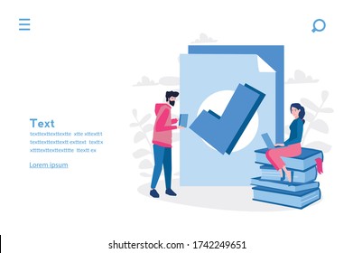 Students finished project, done job, Vector illustration for web banner, infographics, mobile. 