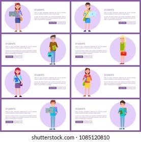 Students first year freshman former pupils boys and girls on web posters with push buttons, male and female teenagers set vector illustration characters