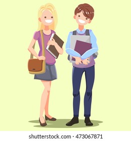Students. Flat design. Boy and Girl with books and bags. Studying at the University.