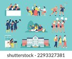 Students flat icons set with university campus life scenes isolated vector illustration
