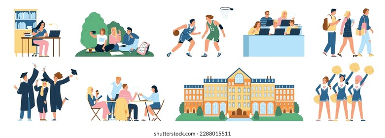 Students flat icons set with university buildings and campus life scenes isolated vector illustration