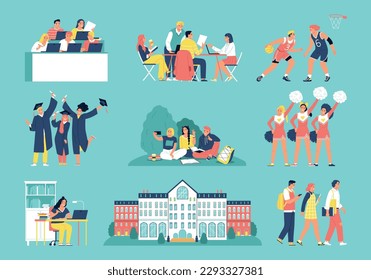 Students flat icons set with university campus life scenes isolated vector illustration