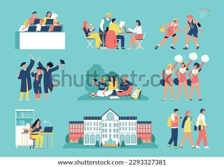 Students flat icons set with university campus life scenes isolated vector illustration