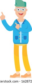 Students flat vector illustration. Cheerful student pointing up, colorful vector illustration, this illustration can use as a sticker also.
