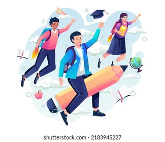 Students are flying in the sky to go back to school. A boy student with a backpack riding on a flying pencil. Vector illustration in flat style