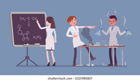 Students fooling around. Young happy people studying at a university, have fun at chemistry lesson in physical or natural laboratory. Science, education concept. Vector flat style cartoon illustration