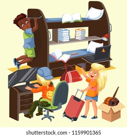 Students Frat House Colorful Poster With Roommates Boys And Girl With Suitcase Moving To Her New Dorm Room Vector Illustration