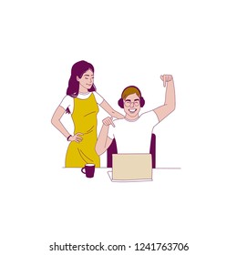 Students, freelansers, IT startupers working in coworking office together. Two guys with one laptop. Woman and young man.Vector cartoon illustration.