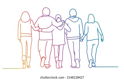 Students, friends going away embracing. Rainbow gradient. Sketch vector illustration.