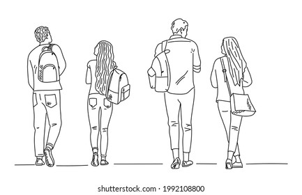 Students friends walk down the street. Hand drawn vector illustration.