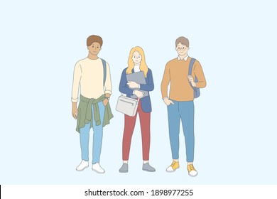Students and friendship concept. Young smiling teen people students classmates cartoon characters standing with backpacks and books together after lessons outdoors vector illustration