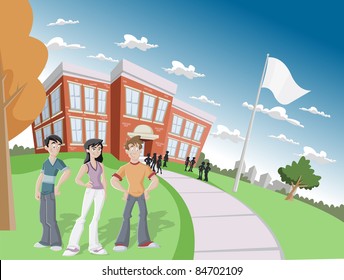 Students in front of school