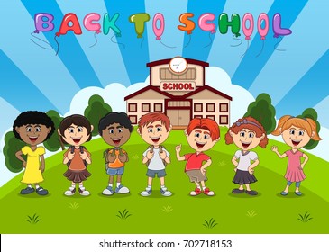students in front of school with balloon back to school cartoon vector illustration