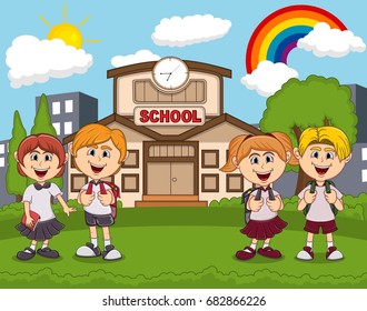 students in front of school cartoon vector illustration