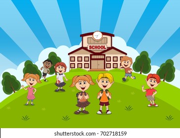 students in front of school cartoon vector illustration
