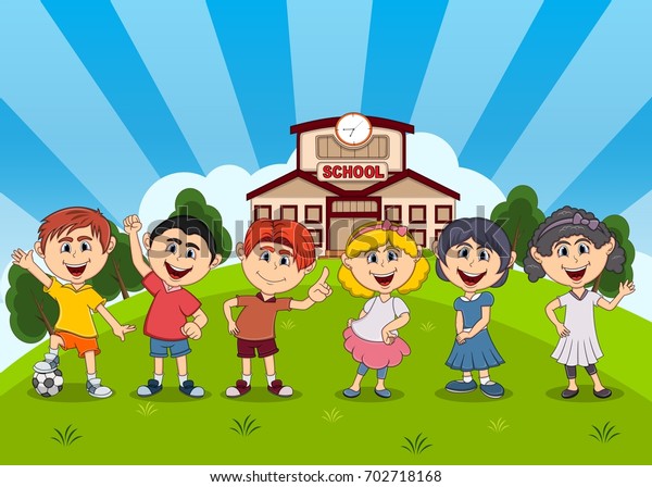 Students Front School Cartoon Vector Illustration Stock Vector (Royalty ...