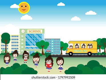 Students in front of school, Education institution for children, classmates. Kids back to school concept. flat style. vector illustration