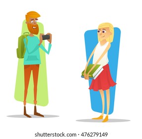 Students with gadgets and books. Character design. Vector illustration.