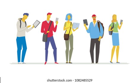 Students with gadgets - flat design style colorful illustration isolated on white background. Composition with boys and girls standing, holding smartphones, tablets. Perfect for presentations