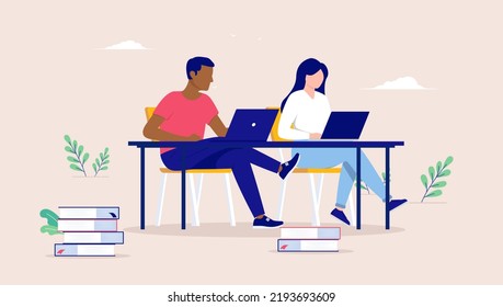 Estudiantes aprendiendo - Dos personas estudiando y aprendiendo con libros y computadoras sentadas en el escritorio de la escuela. Concepto educativo, ilustración vectorial de diseño plano