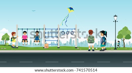 Students gather and play in the playground after school.