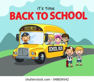 students get school bus  illustration. back to school poster vector and background