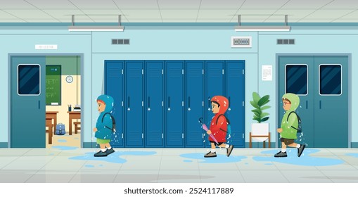 Students get wet from the rain making the classroom dirty with water.