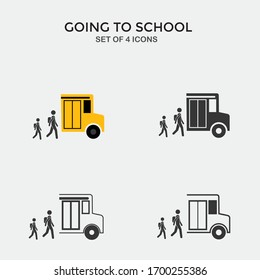 students getting on a school bus vector icon going to school