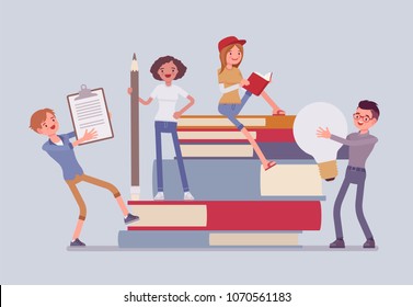 Students with giant books. School or college pupils studying, happy in gaining knowledge, academic training, holding bulb, pencil. Science and education concept. Vector flat style cartoon illustration