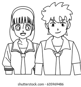 students girl and boy anime cartoon outline