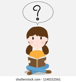 A Students girl is reading a book with question mark icon in speech bubbles.Vector illustration.
