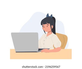 students girl sitting with laptop, surf internet, use social media. Flat vector illustration.