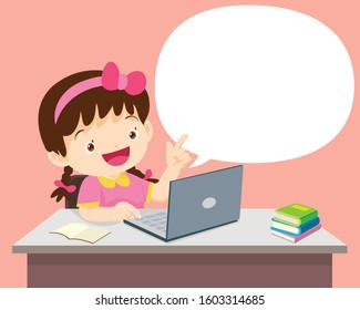 students girl sitting with laptop  and talking with Speech Bubble