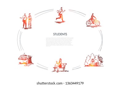 Students - girls and boys students reading books, riding bicycle and communicating vector concept set. Hand drawn sketch isolated illustration