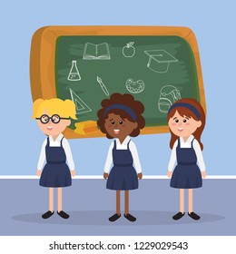 students girls with uniform and blackboard education