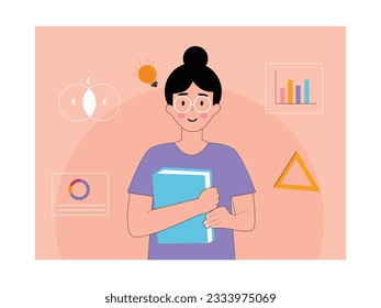 Students with glasses carrying books, rulers, ideas, formulas, education in mathematics lessons in classroom. Character design. Vector flat illustration