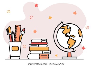 Student's globe, school stationery, stack of books, textbooks. Back to school. Template for educational website. Design decoration of school schedule, training courses. Vector illustration