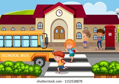 Students go back home by school bus illustration