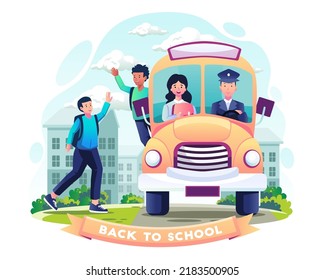 Los estudiantes van a la escuela en autobús y se saludan unos a otros. De vuelta al diseño del concepto escolar. Ilustración vectorial en estilo plano