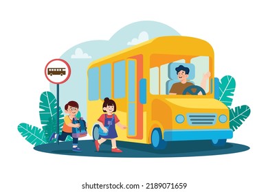 Students go to school by school bus Illustration concept on white background