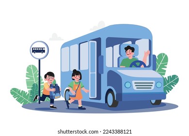 Schüler fahren mit Schulbus zur Schule