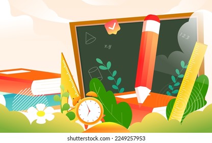 Students go to school for class, background with various stationery and books, vector illustration, Chinese translation: back to school