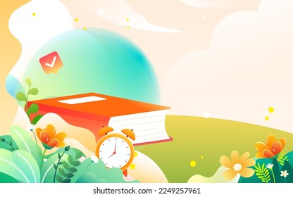 Students go to school for class, background with various stationery and books, vector illustration, Chinese translation: back to school