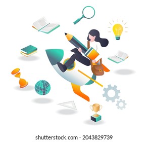 Students go to school fly by rocket in isometric illustration